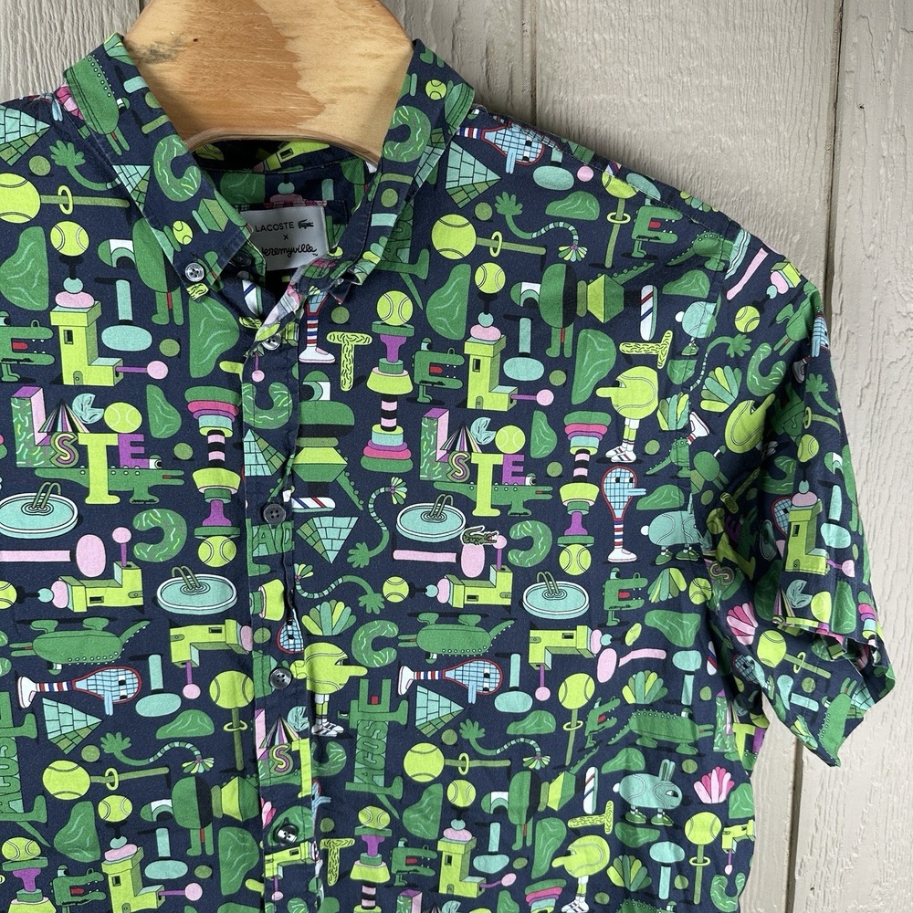 Lacoste x Jeremyville Button Down Shirt Mens 2XL Navy Graphic Print Tennis Art